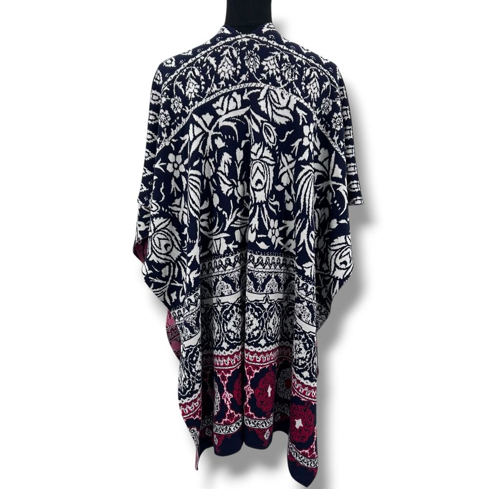 Chicos Silk Cotton Ruana Wrap OS Navy Red Floral Boho Poncho Cape Jacquard - Picture 8 of 11